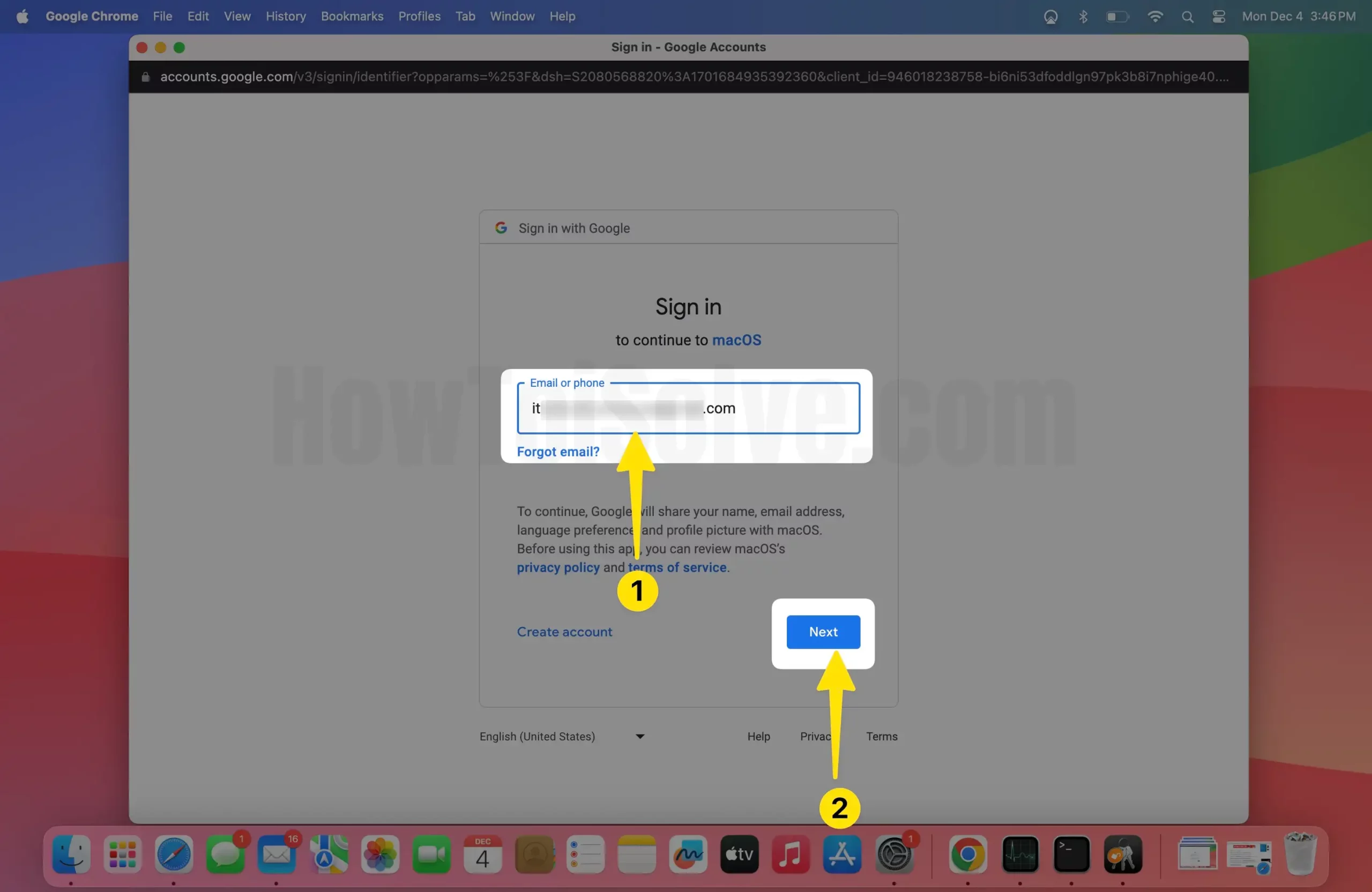 Enter gmail account select next button on mac