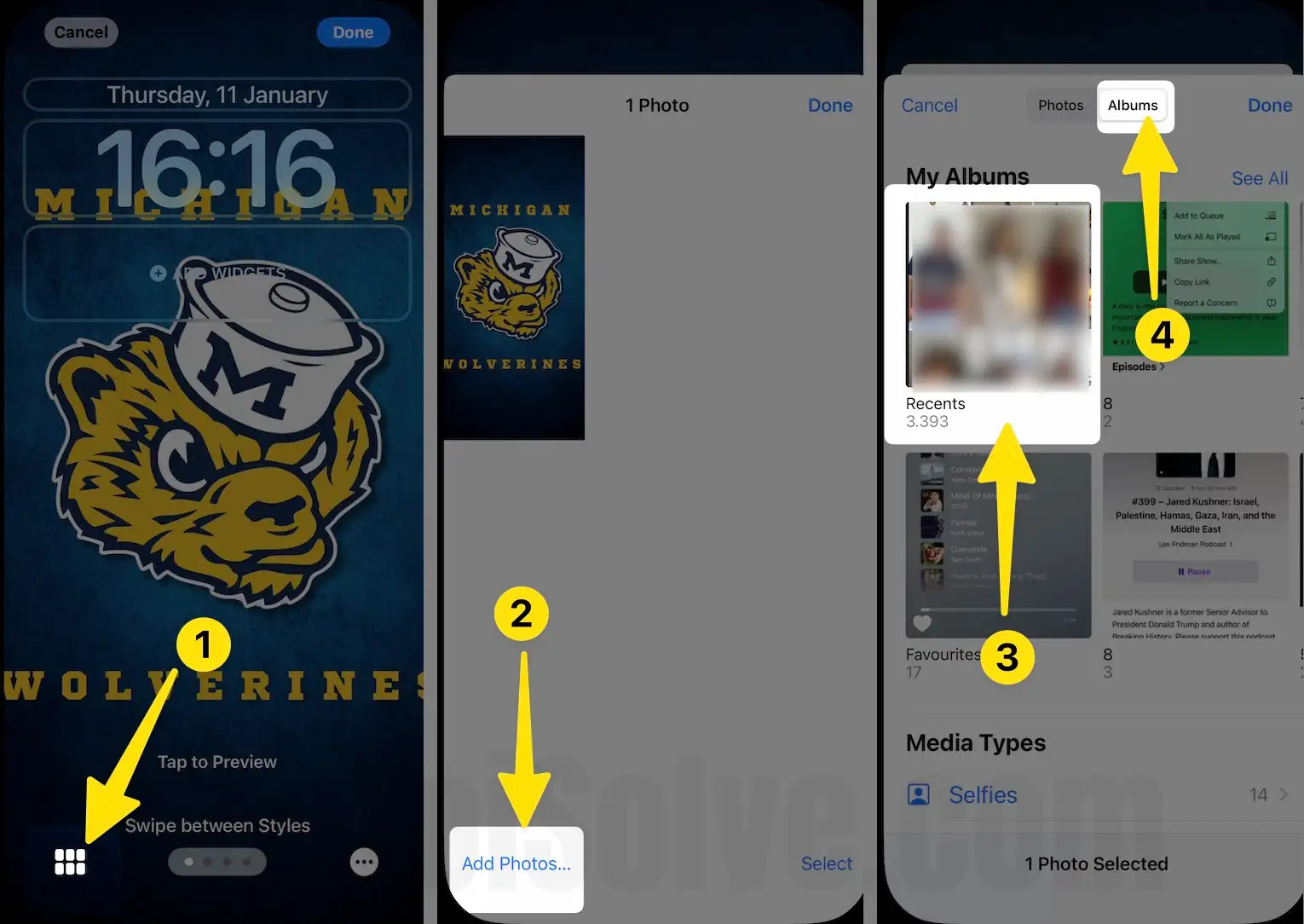 Tap grid tap add photos... click recents select albums on iPhone