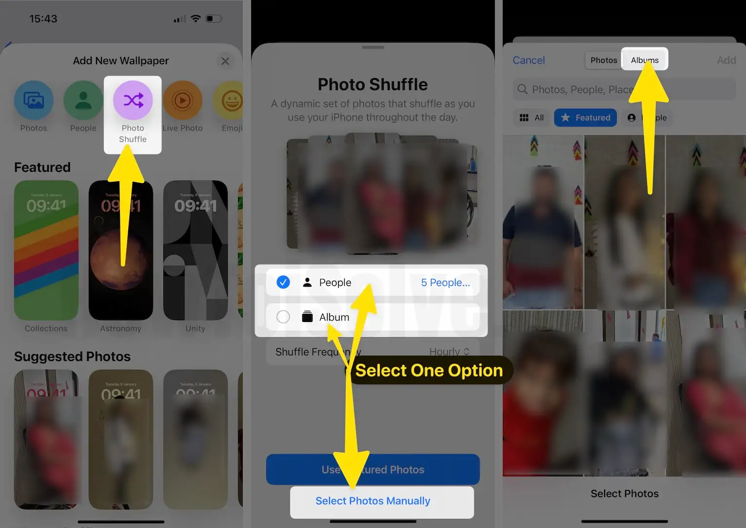 2. Click photo shuffle select people,album,or Select Photos Manually choose albums on iPhone