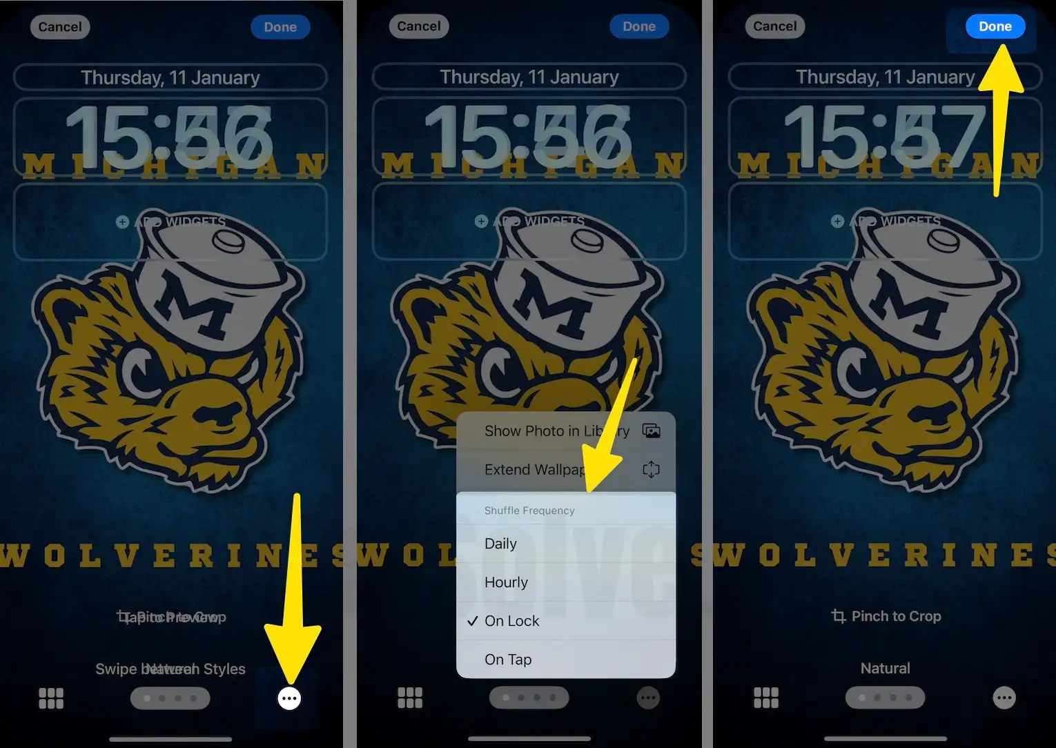 Click three icon tap shuffle frence tap on done on iPhone