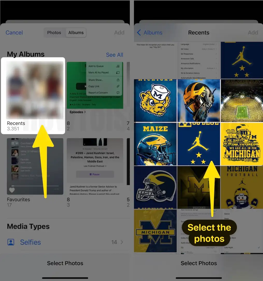 Click recents tap on select photos on iPhone
