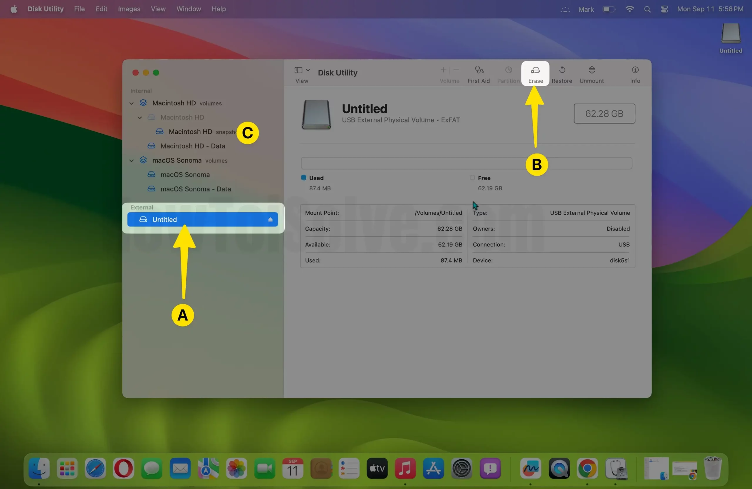 Next, select the external storage device click on the erase on mac