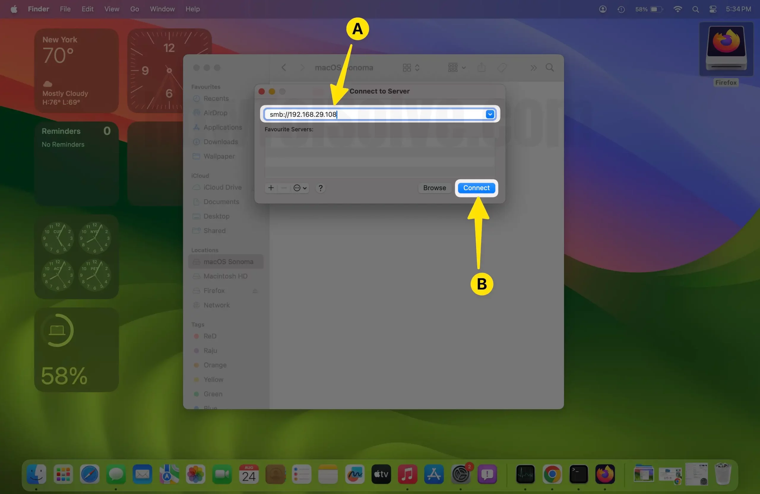 Select connect to server tap connect on mac