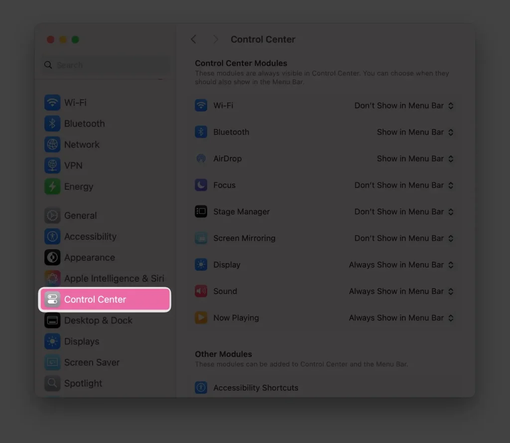 control center settings on Apple macos computer