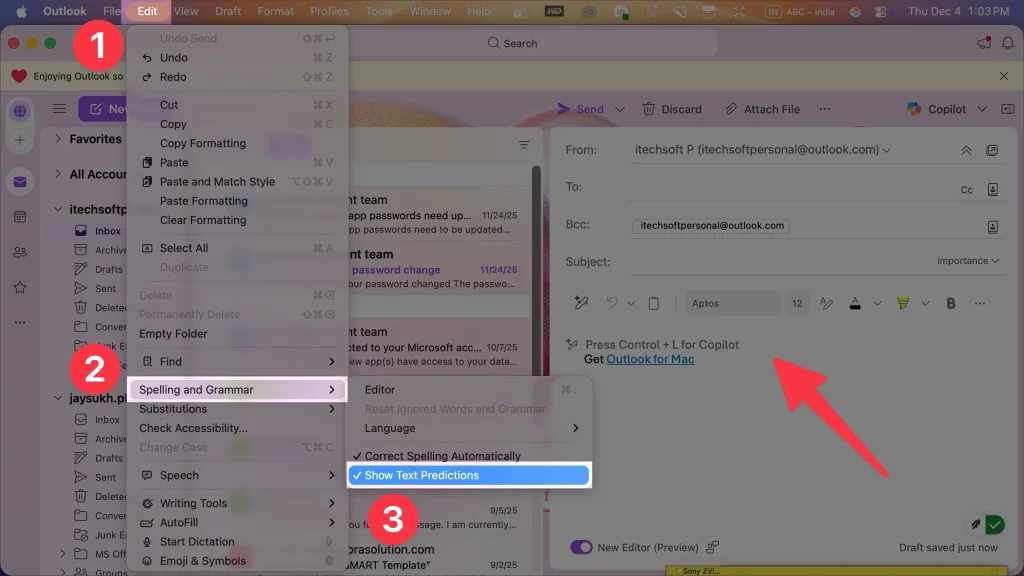 Disable Text Predictions settings in Outlook 365