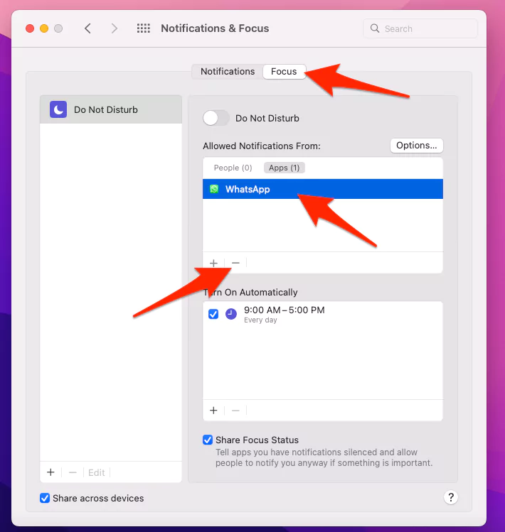 Remove WhatsApp from Focus Preferences on Mac
