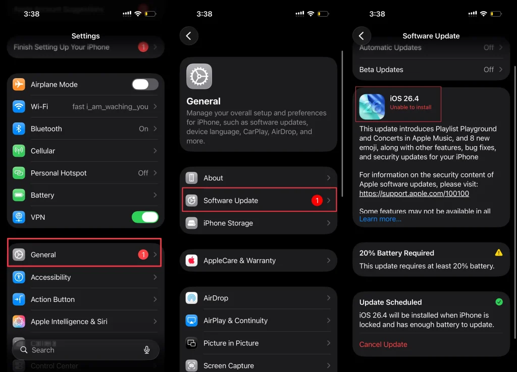 iOS 26.4 Unable to install