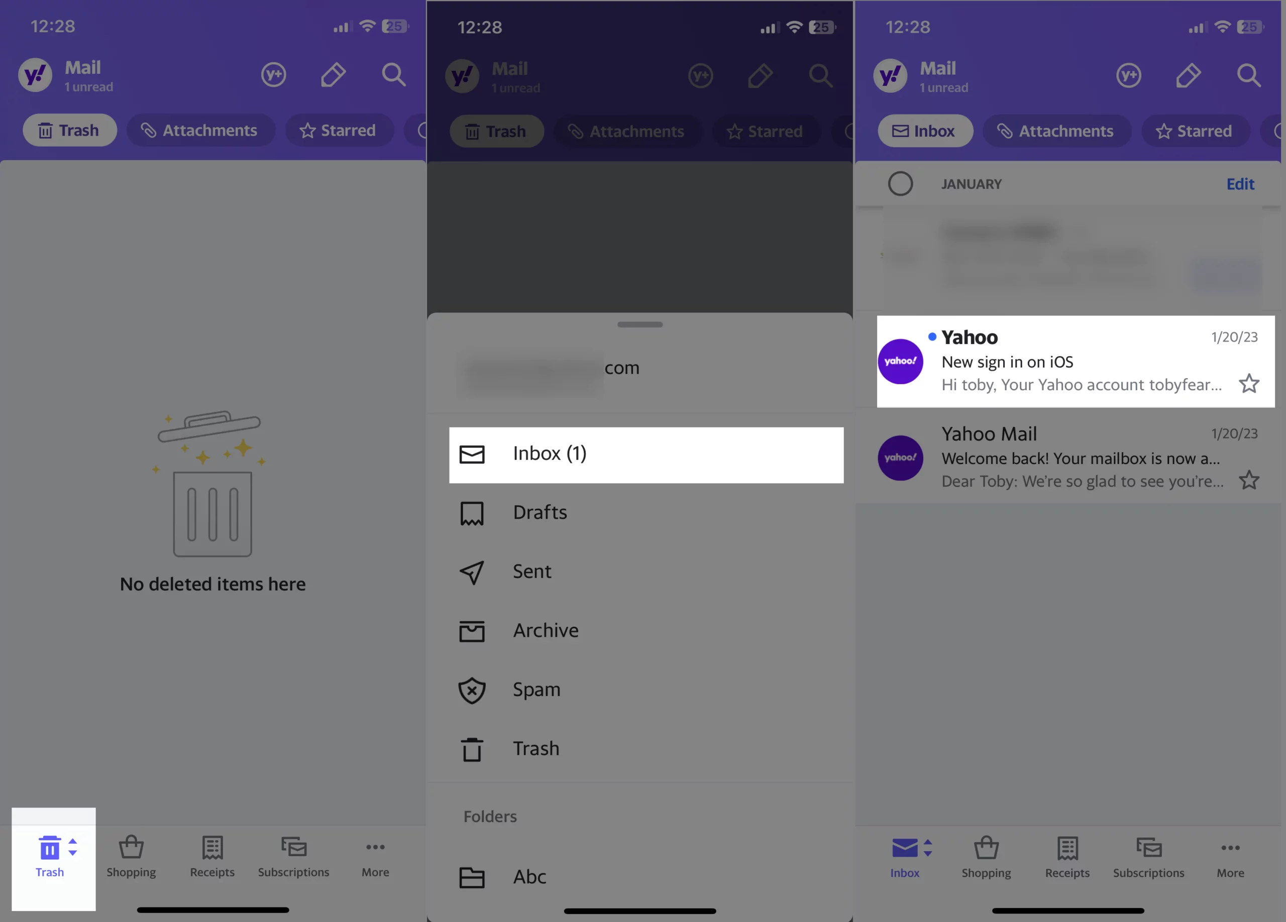 choose-trash-button-click-inbox-and-found-restored-yahoo-mail-on-iphone