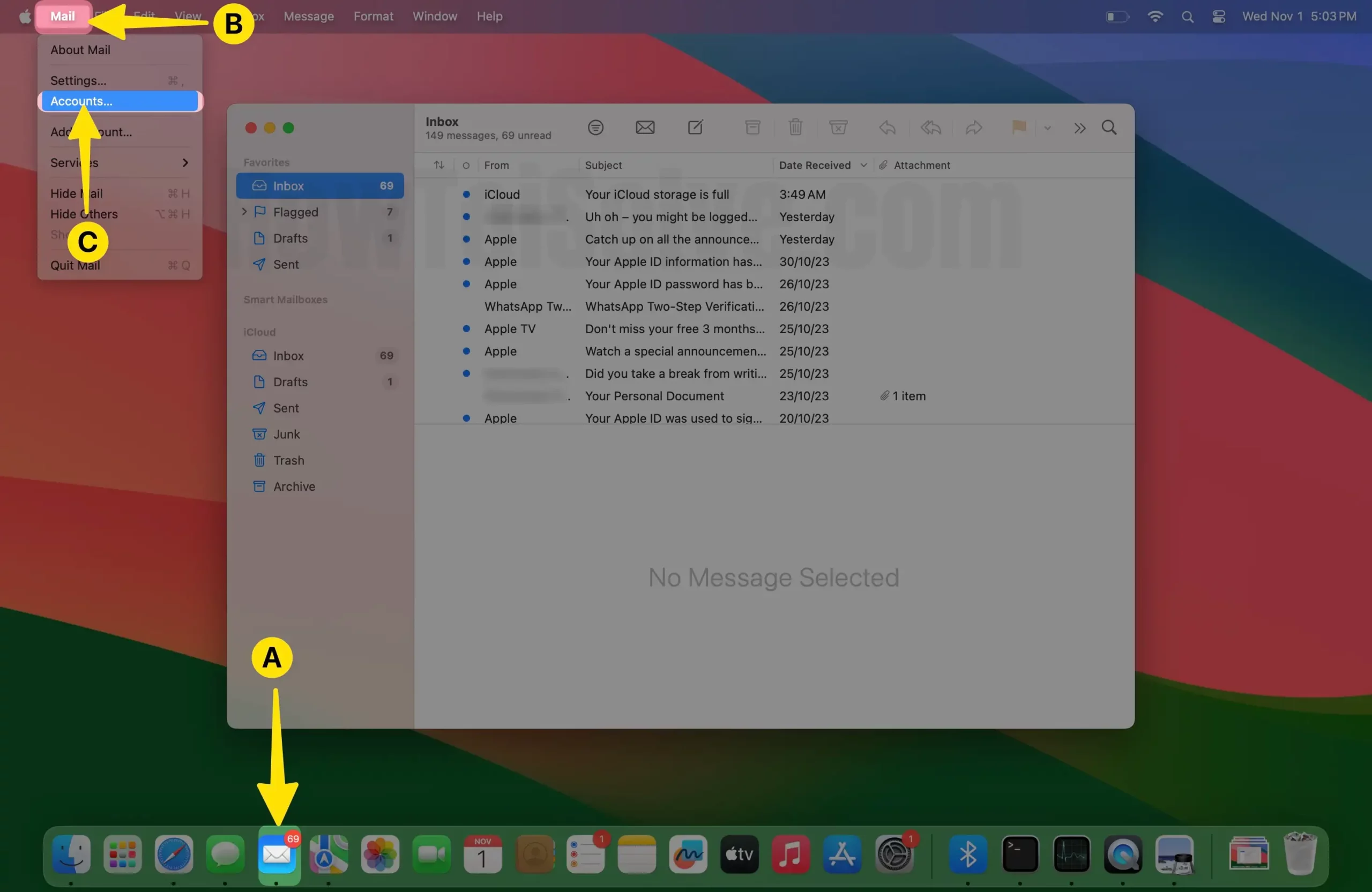 Open Mail App Select Mail from Menubar Tap Accounts On Mac