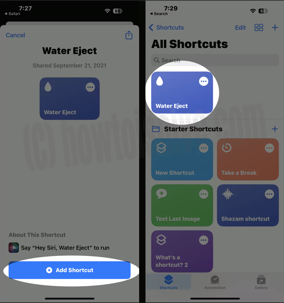 Run Water Eject Shortcut on iPhone