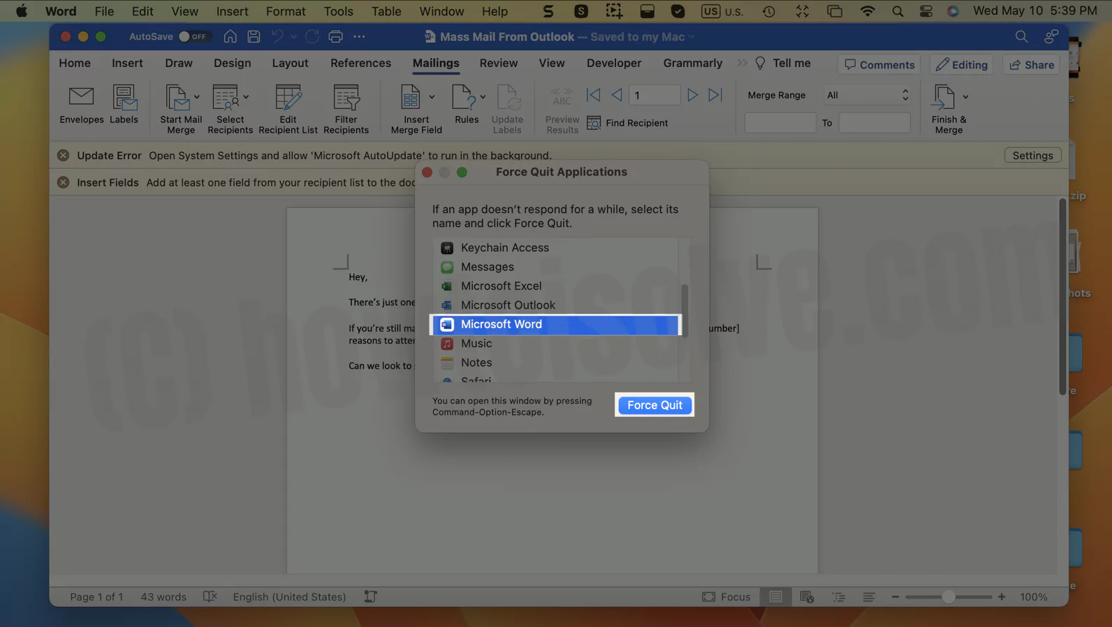 Force Quit Microsoft Word