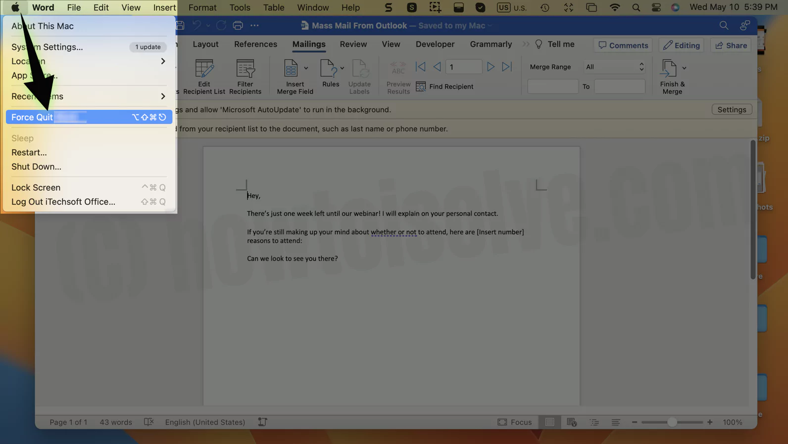 Force Quit Word app