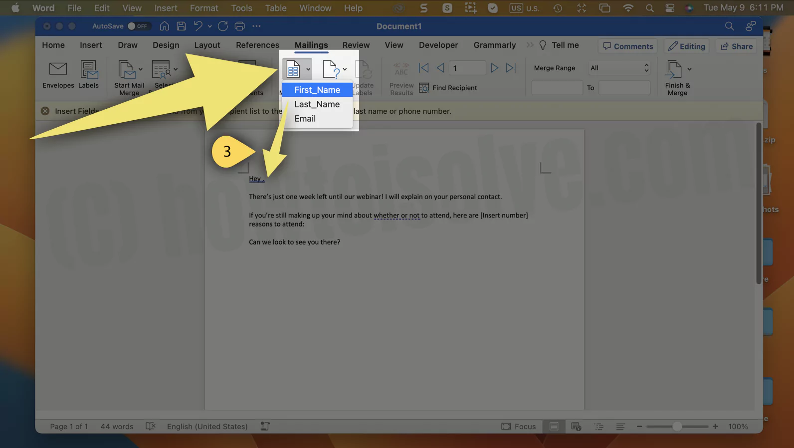 Insert Fields data in word mac