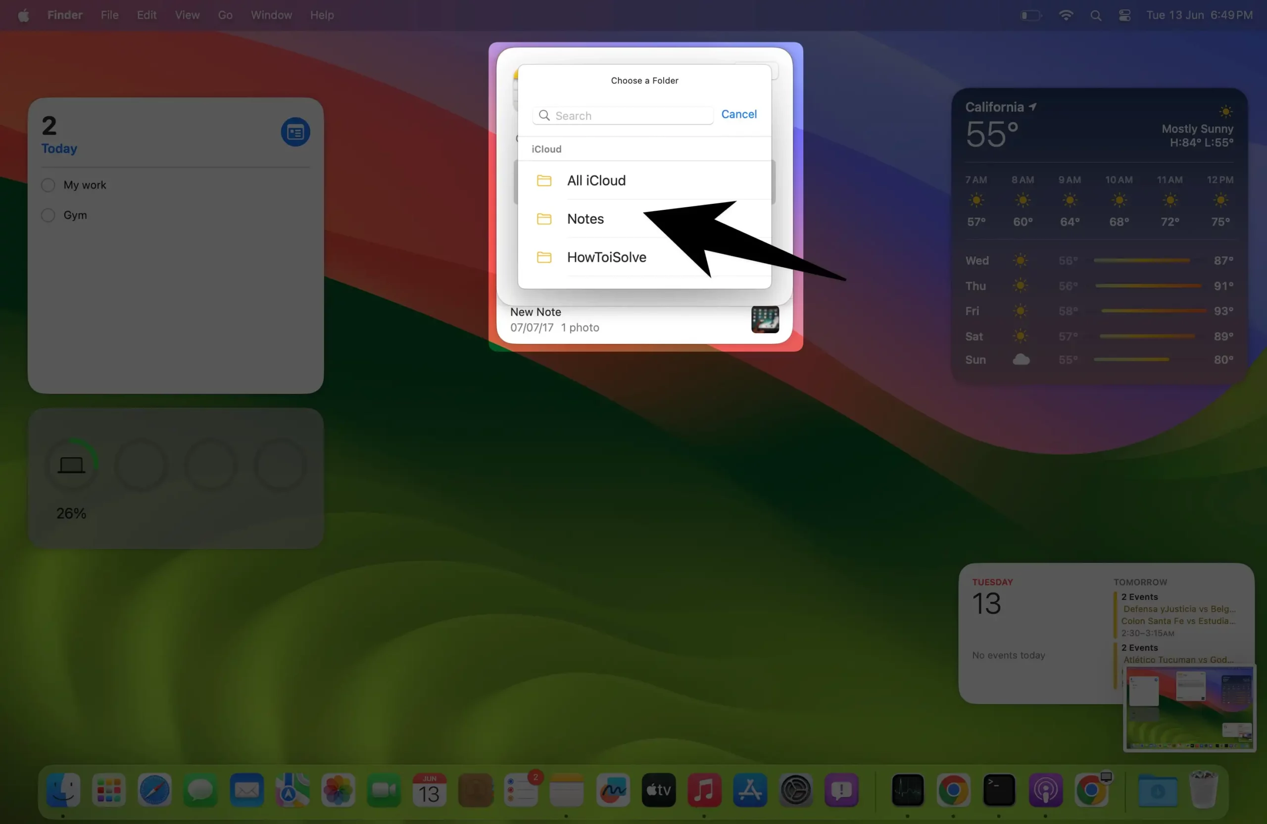 Select Notes Folder in Widget on Mac
