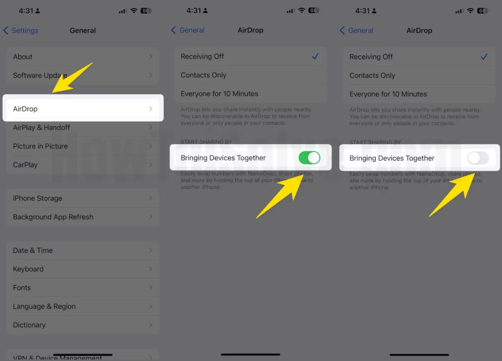 Choose airdrop and turn toggle off next to Bringing Devices Together to turn off namedrop