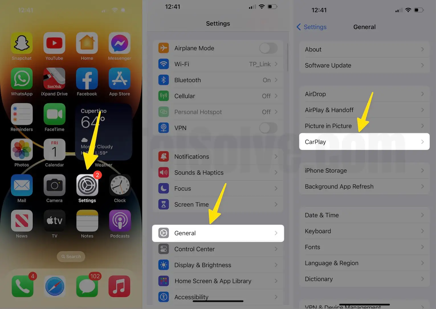 Open the settings swipe down and scroll general tap on carplay on iphone