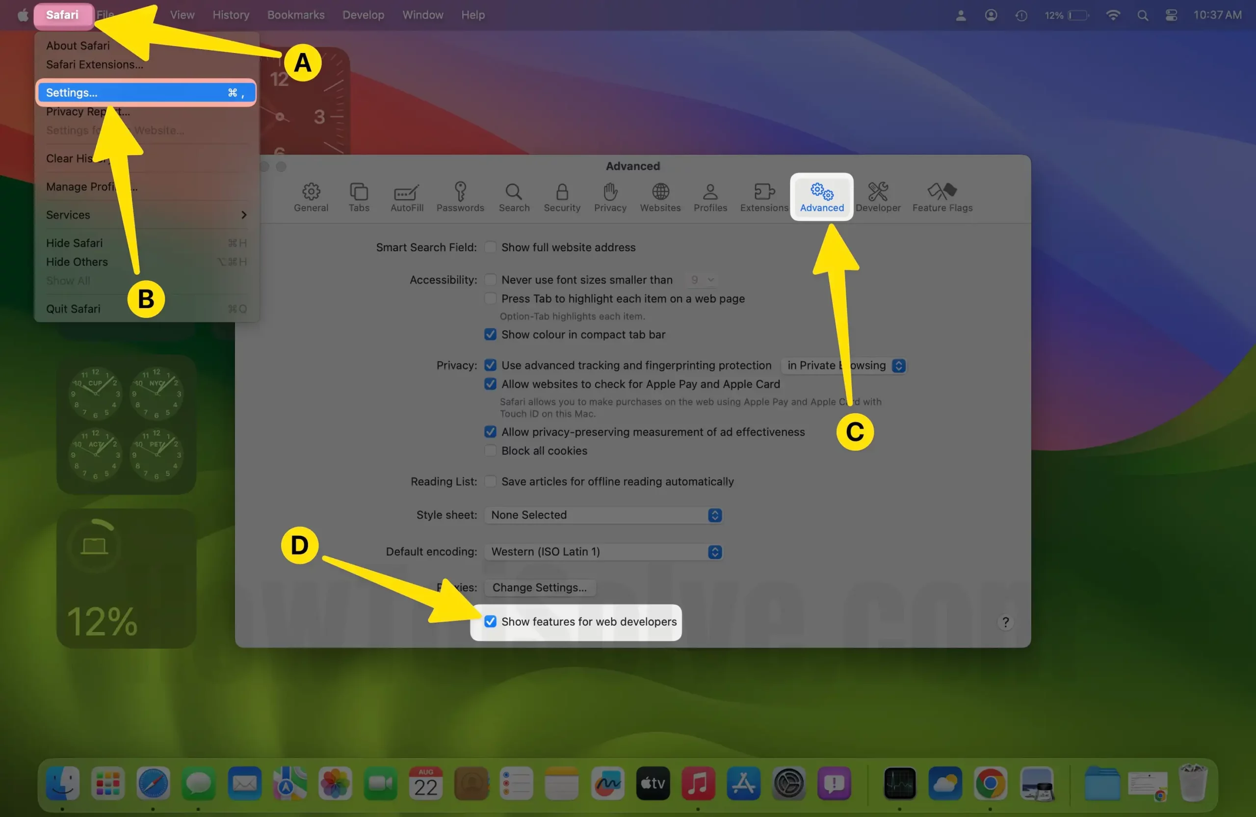 Open Safari Advance Settings on Mac