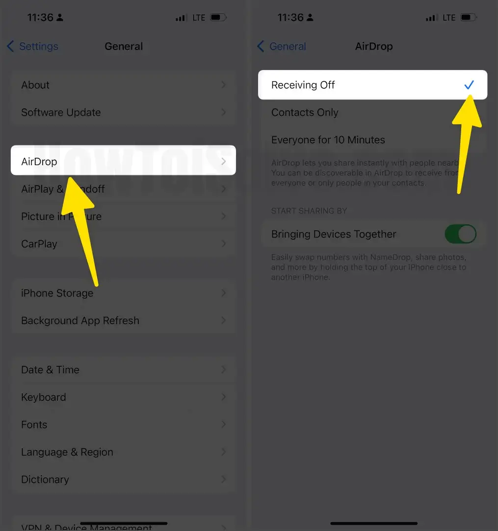 Turn off AirDrop Receiving Off