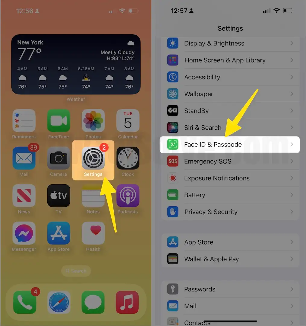 Open settings search and scroll face ID & passcode on iphone