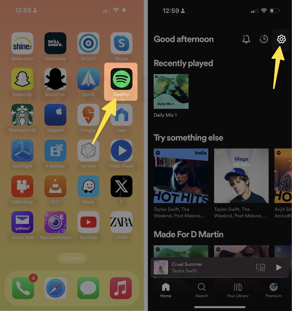 Go to spotify app tap on settings gear icon on iphone