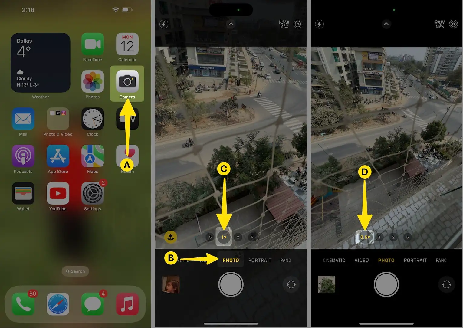 Open Camera App Tap on 1x Select 0.5x on iPhone