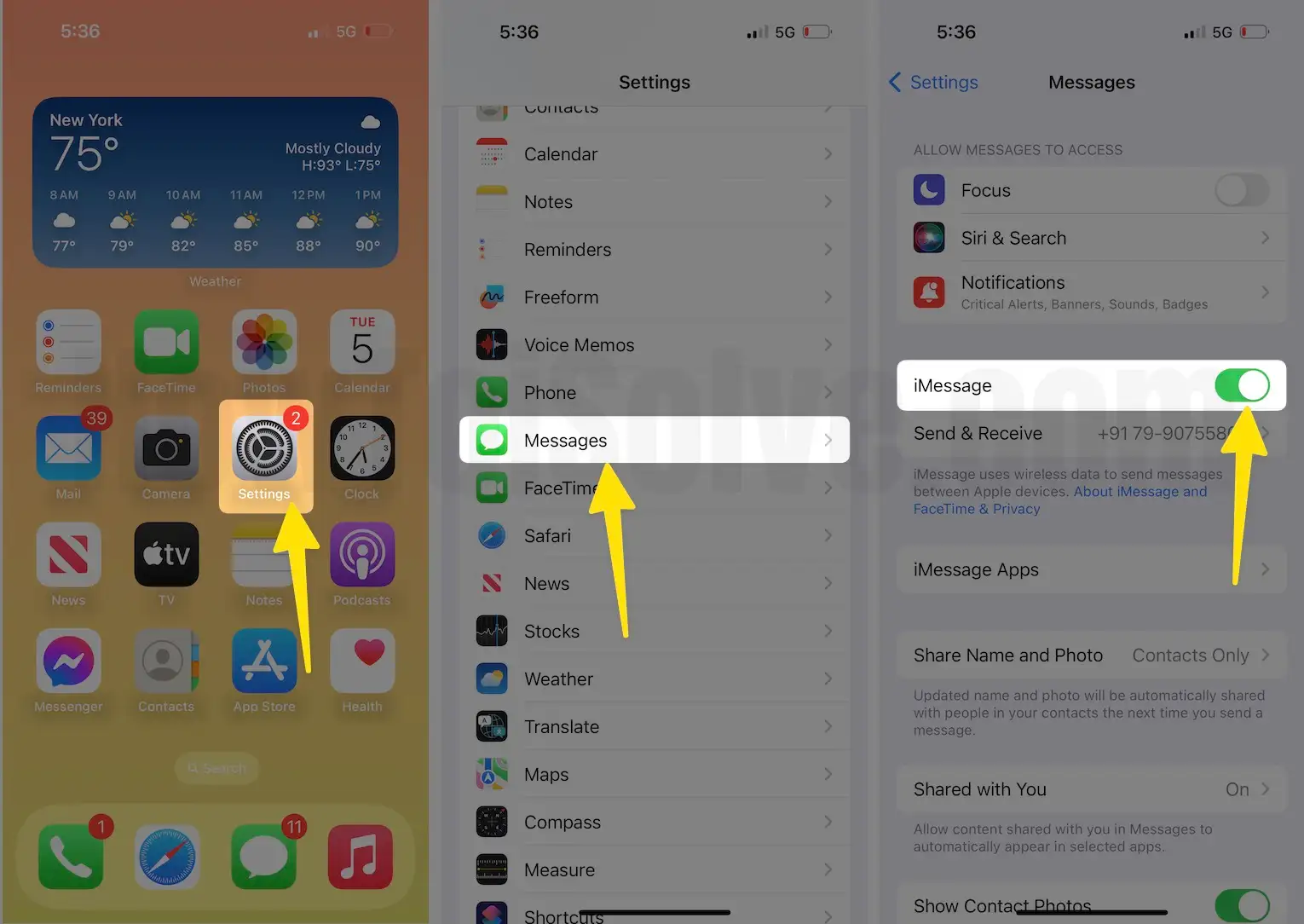  Open the settings swipe down and scroll messages enable toggle messages on iPhone