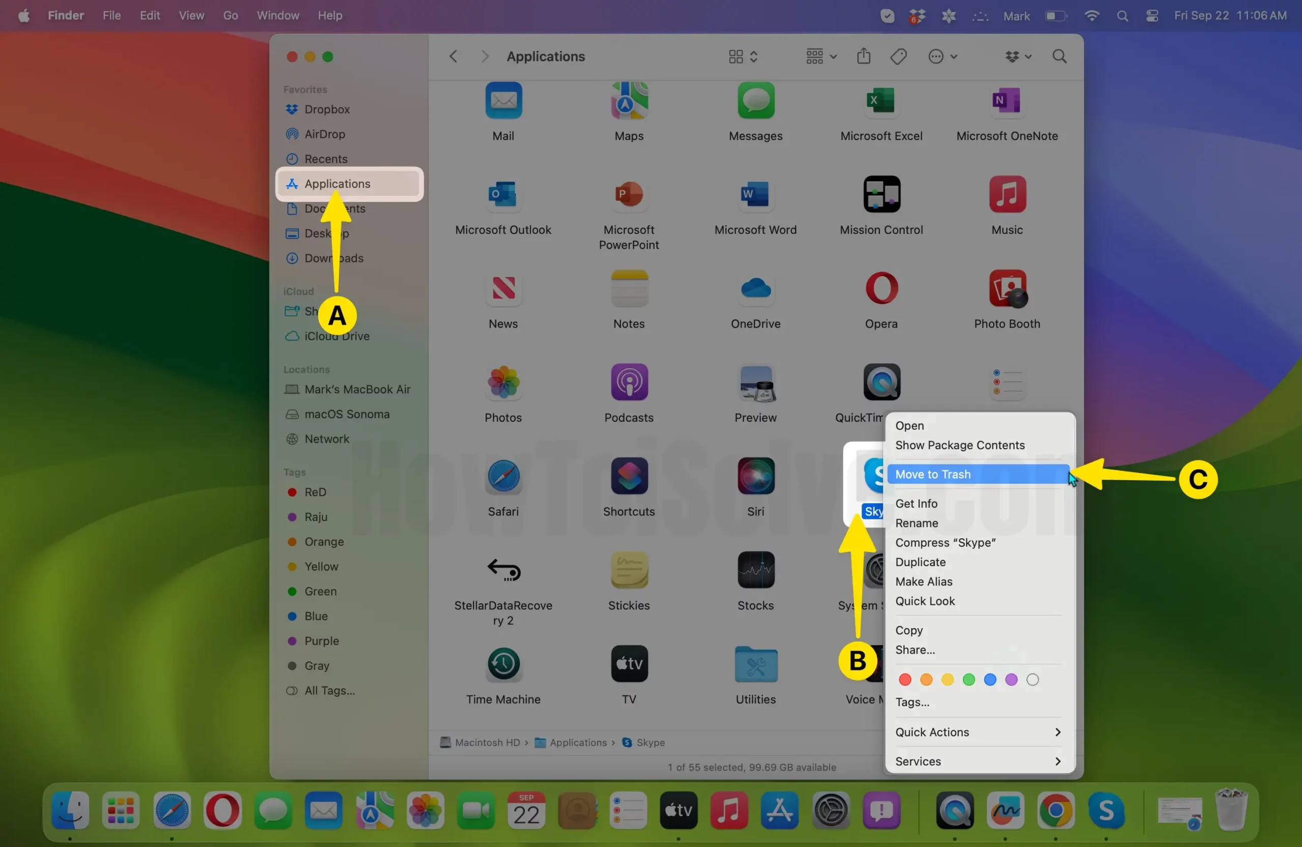Select application and choose move to trash on mac