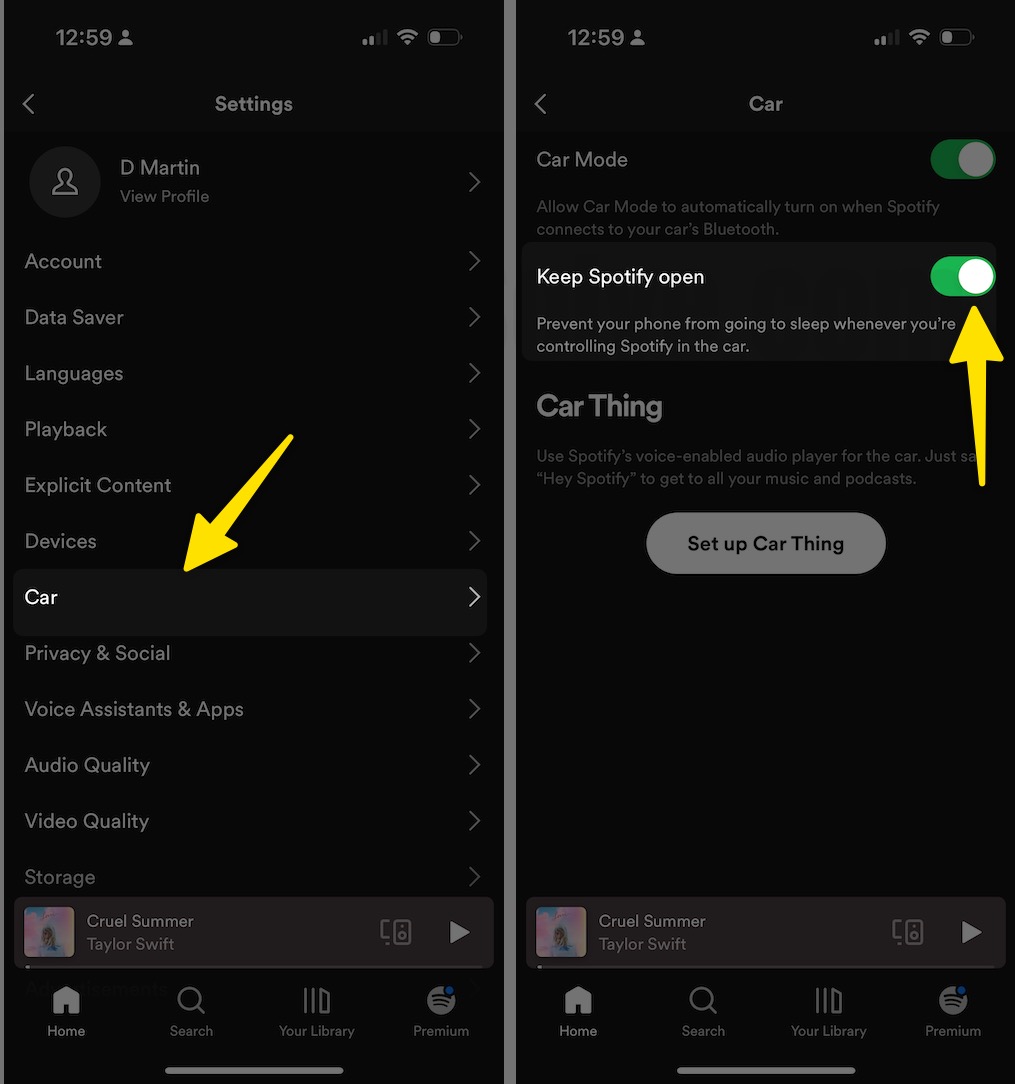 Choose car toggle on keep spotify open on iphone