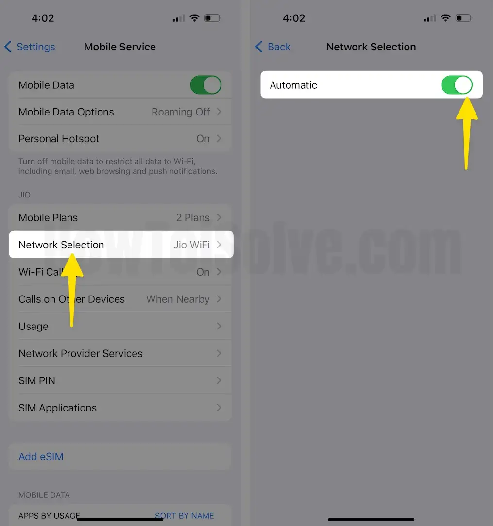 Click on network selection turn on automatic on iPhone