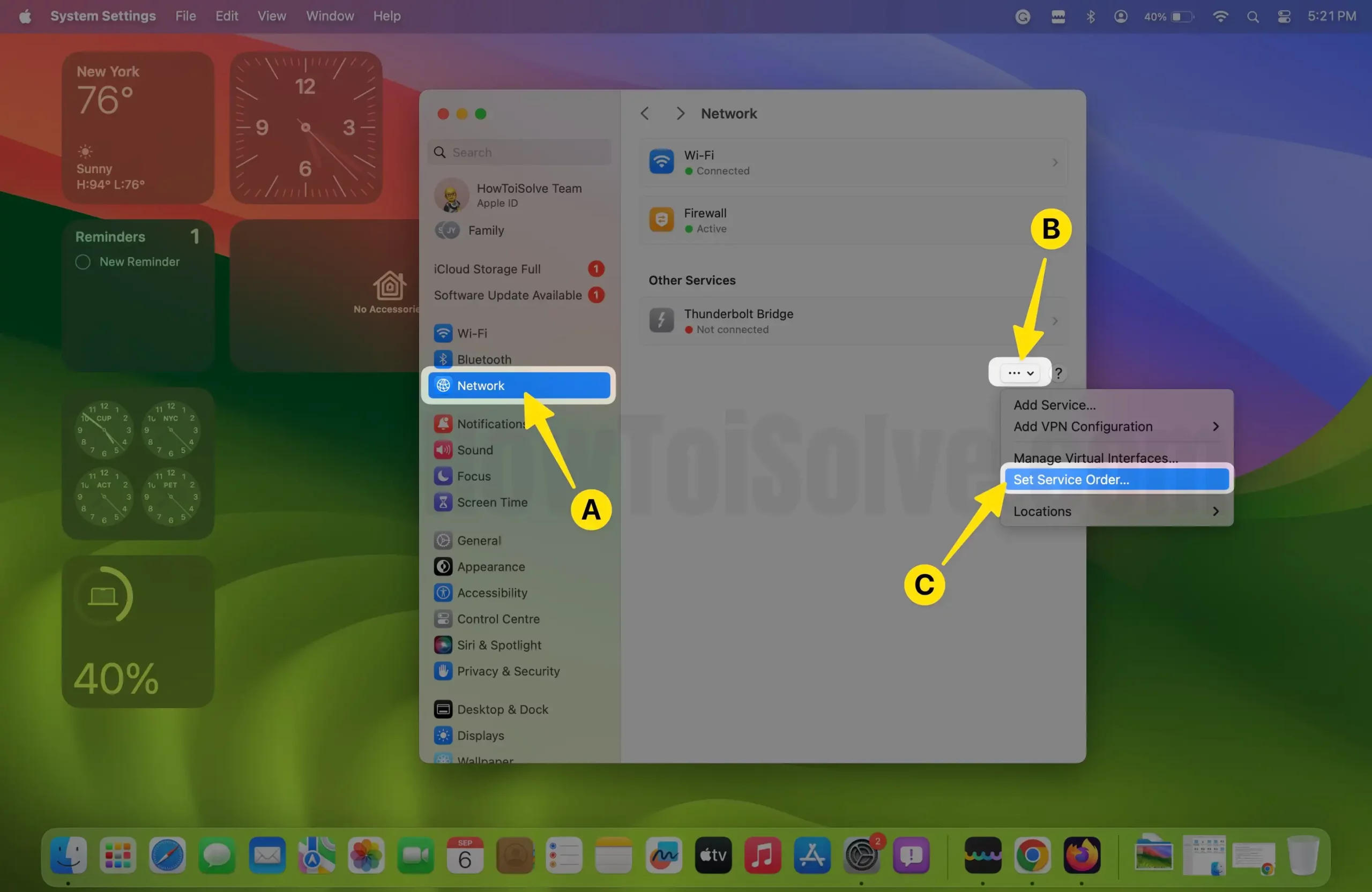 Click on network tap on the action and then select set services order on mac