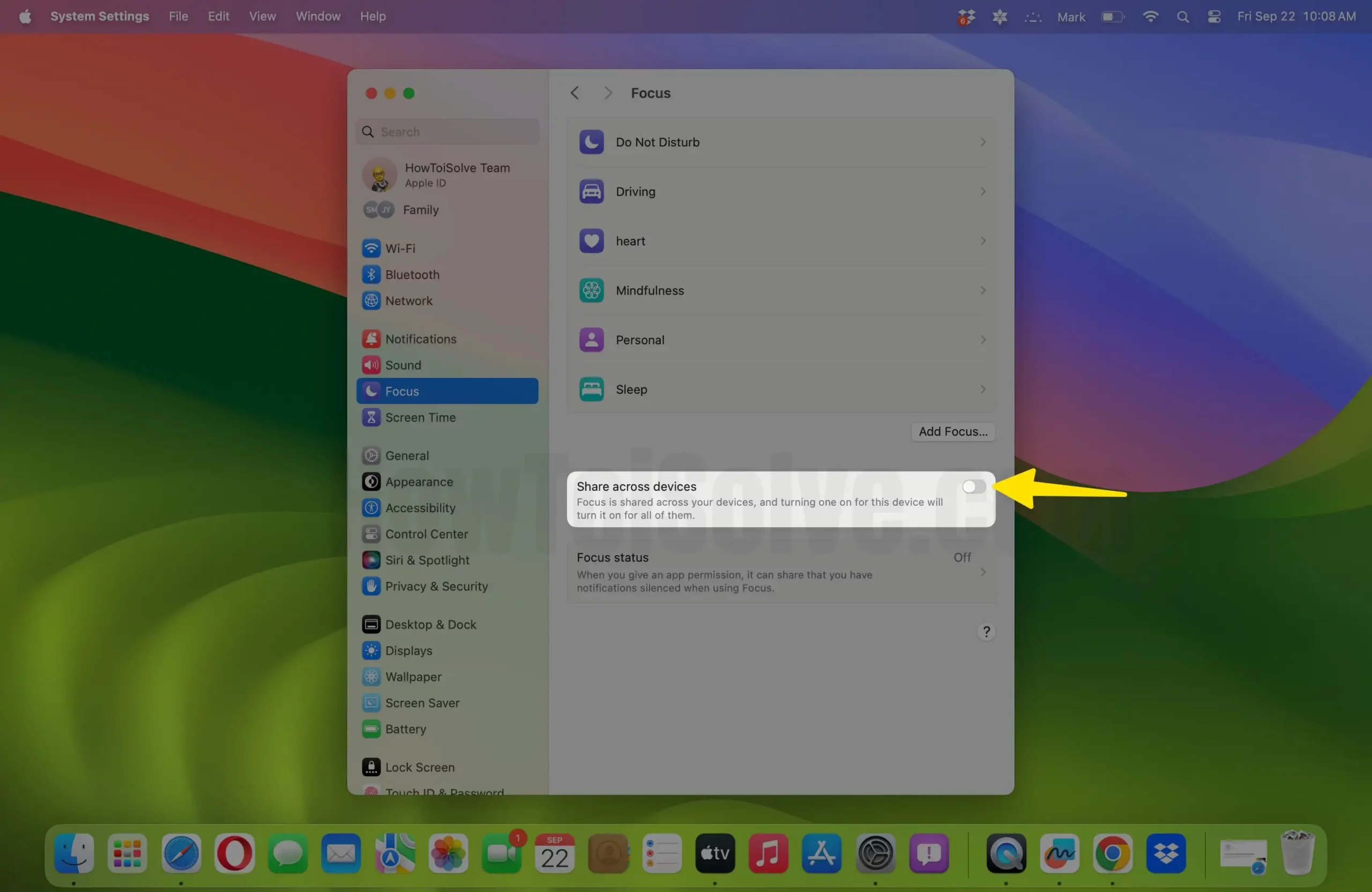 Toggle OFF Screen time to share across devices on mac
