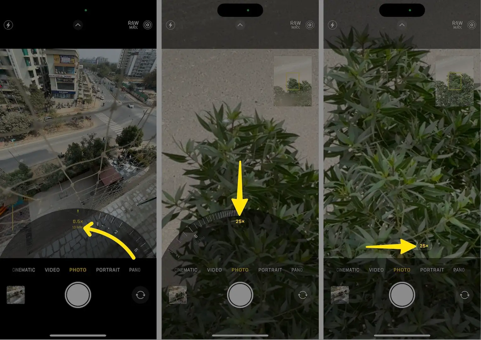 Select 5x Pull all the Way Get 25x zoom See Preview of your Zooming on the Screen on iPhone