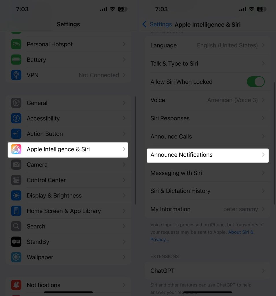 Apple Intelligence & Siri and select Announce Notifications on iPhone settings