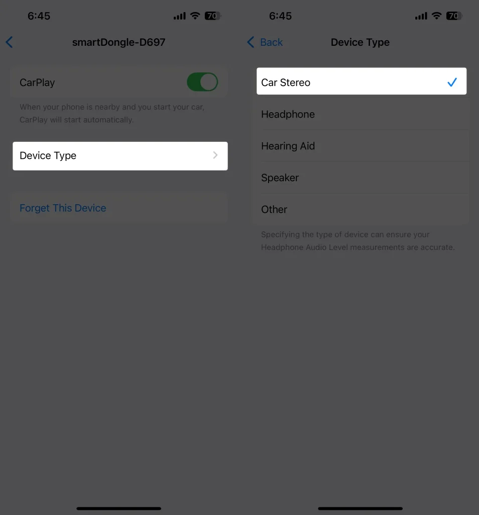 choose Device Type as car stereo on iPhone settings carplay