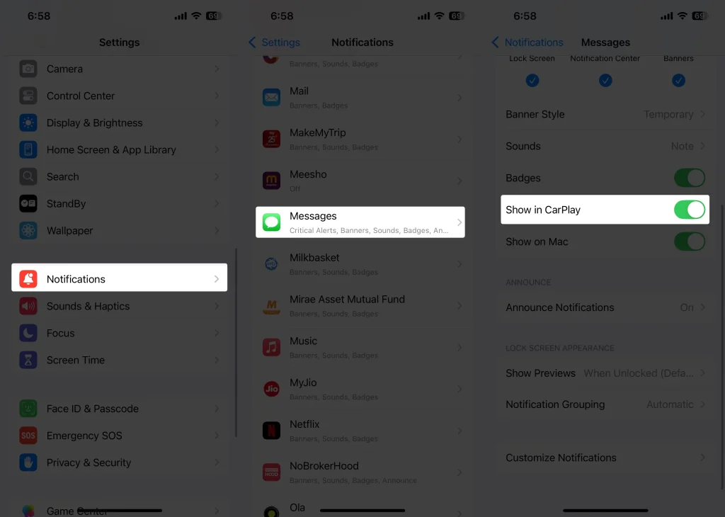 enable Show in CarPlay in message notifications settings on iPhone