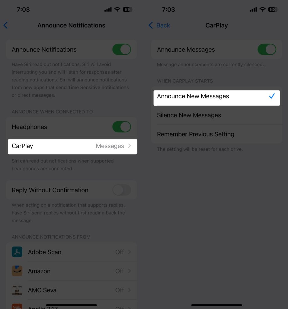in carplay set Announce New Messages on iPhone