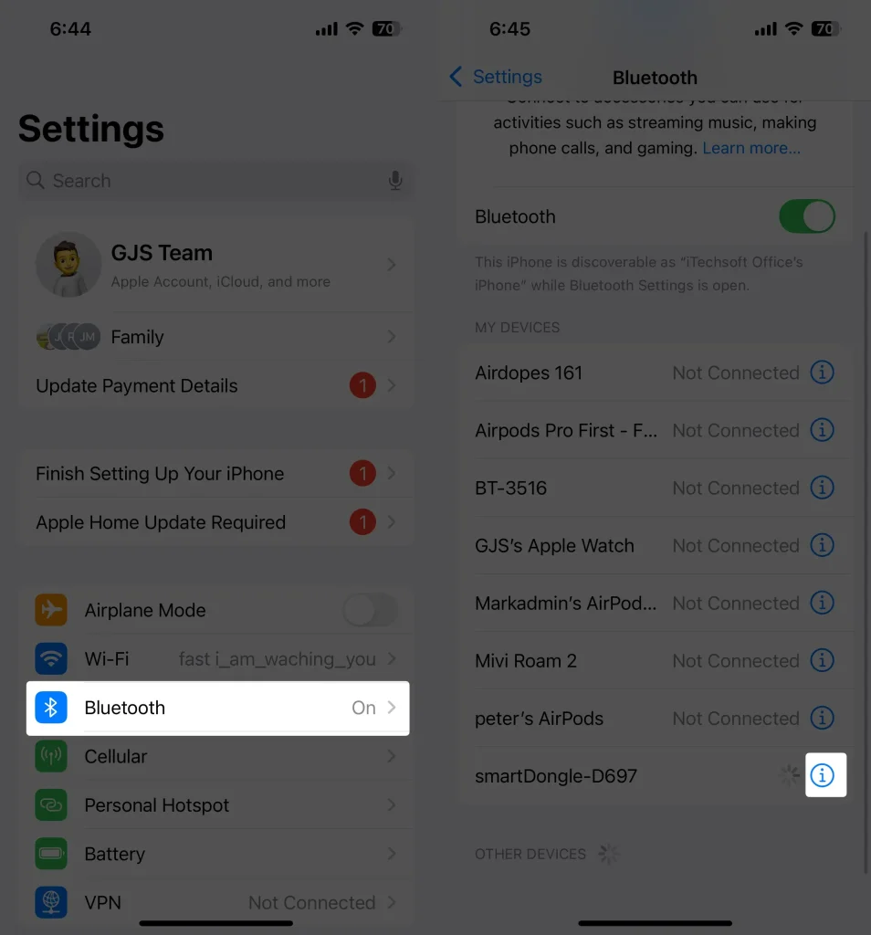 select i icon in bluetooth settings on iPhone