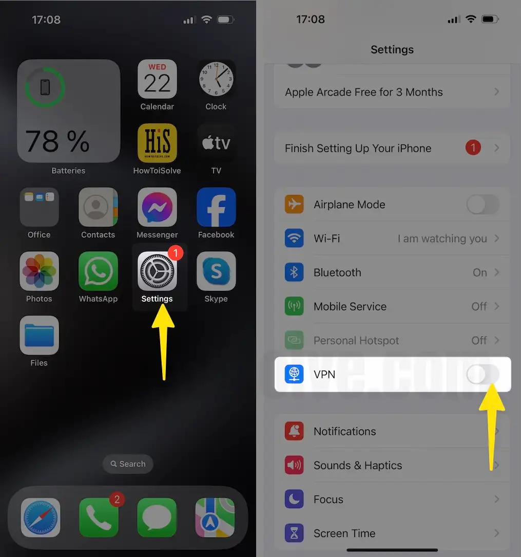 Launch the settings tap on turn off VPN on iPhone