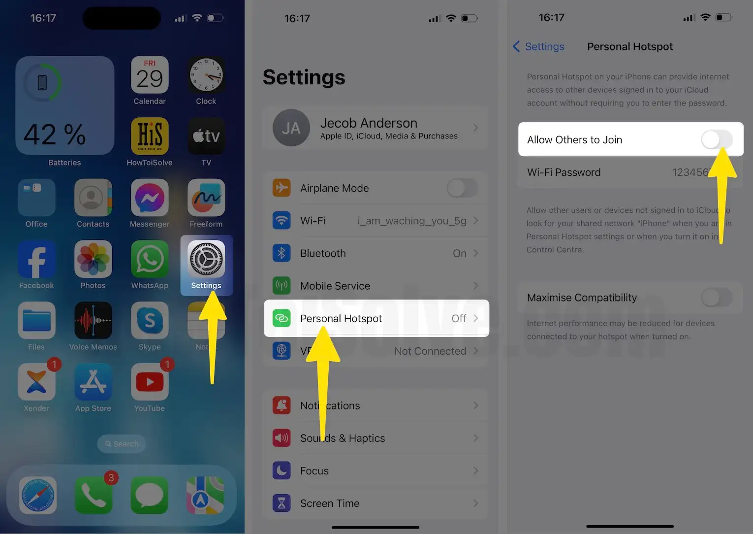 Launch the settings app tap on personal hotspot turn off allow others to join on iPhone
