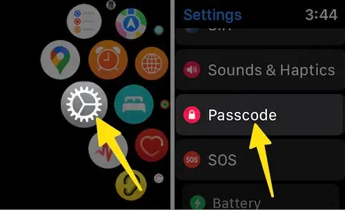 Open settings app tap on passcode on apple watch