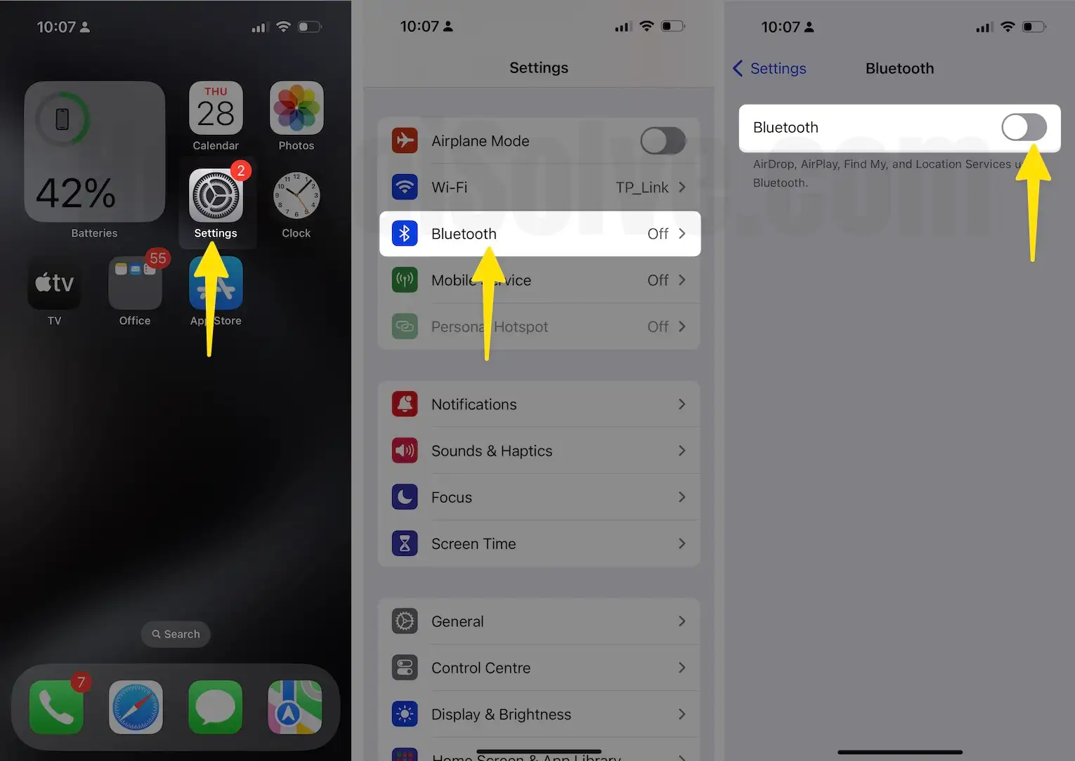 Open settings tap bluetooth turn OFF bluetooth on iphone