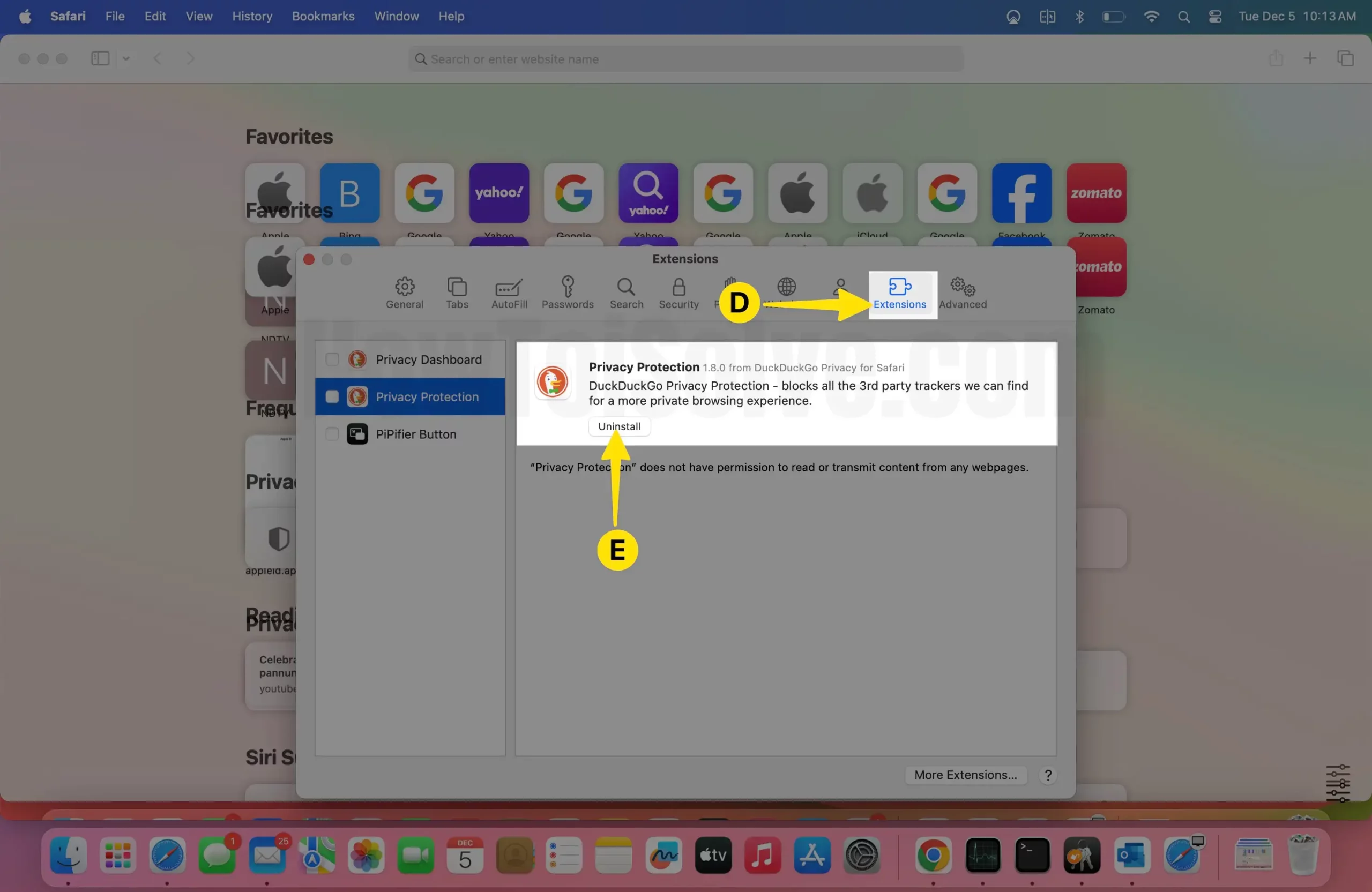 Select Extension Tab Choose Extension to remove Tap Uninstall on Mac