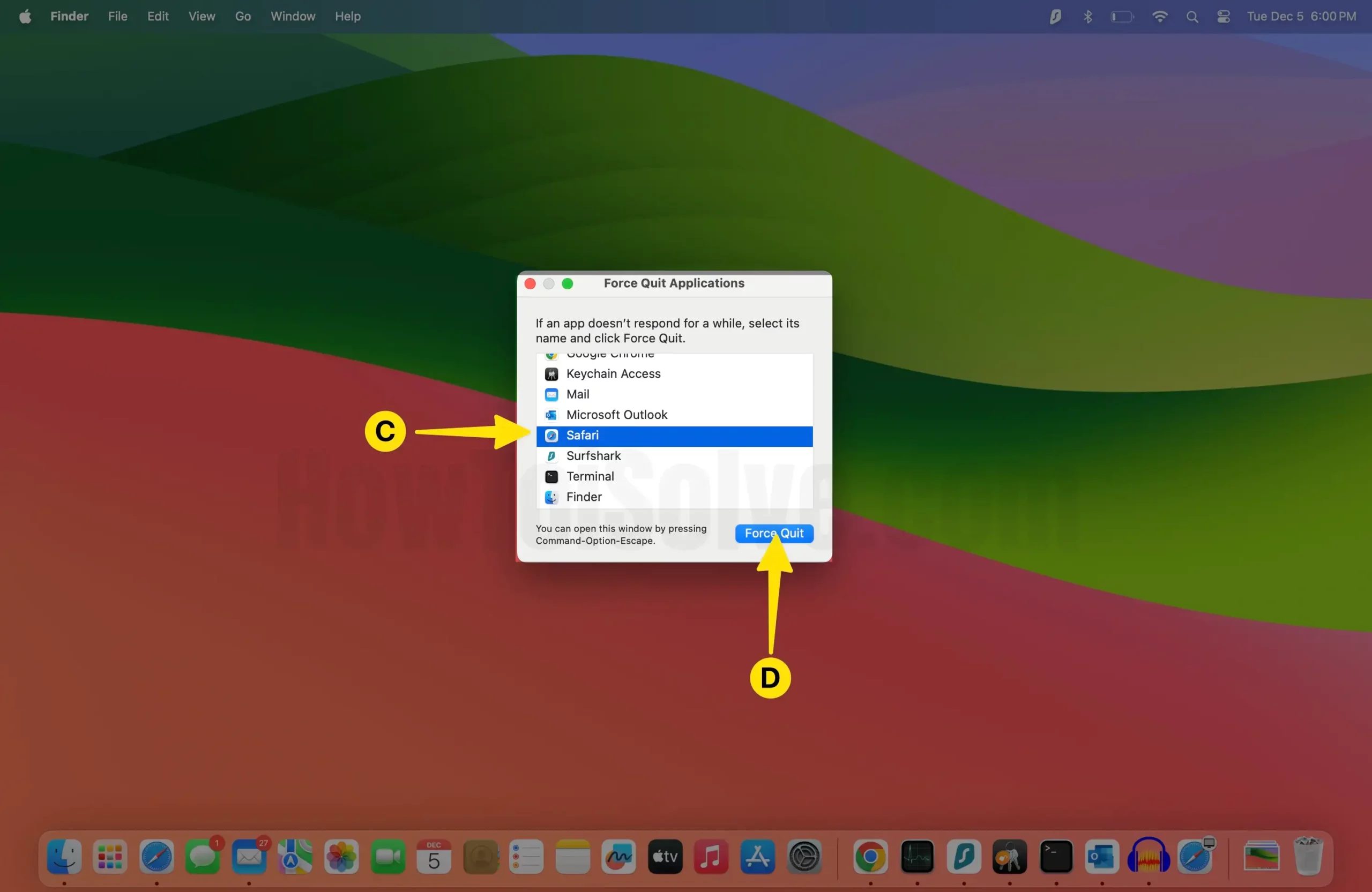 Select Safari Tap Force Quit on Mac