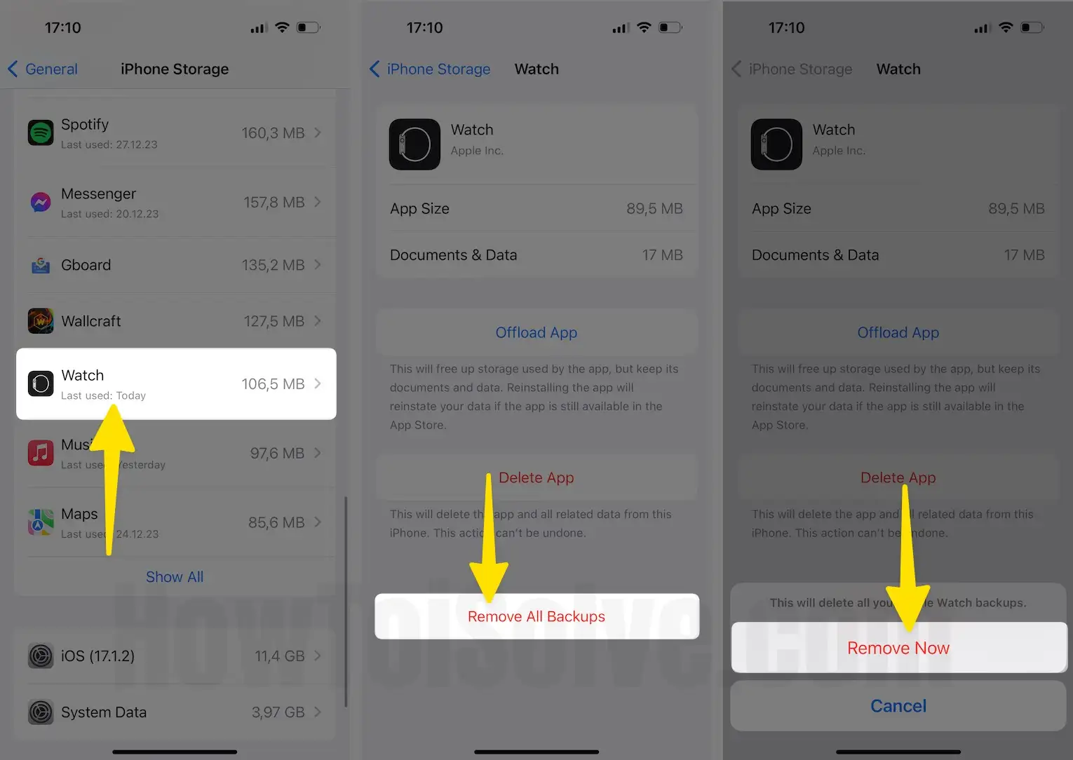 Select watch tap on remove all backups choose remove now on iPhone