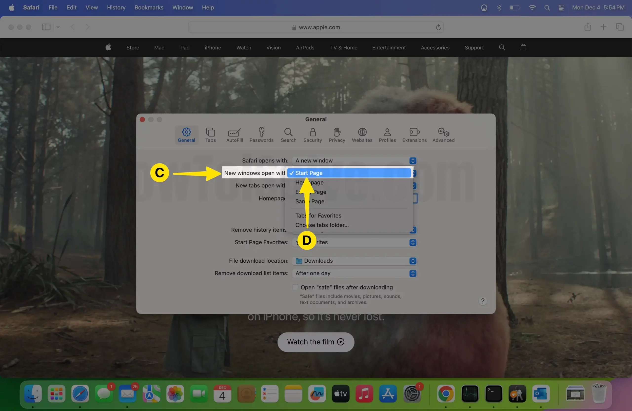 Click on New Windows Open With Select Start Page on Mac