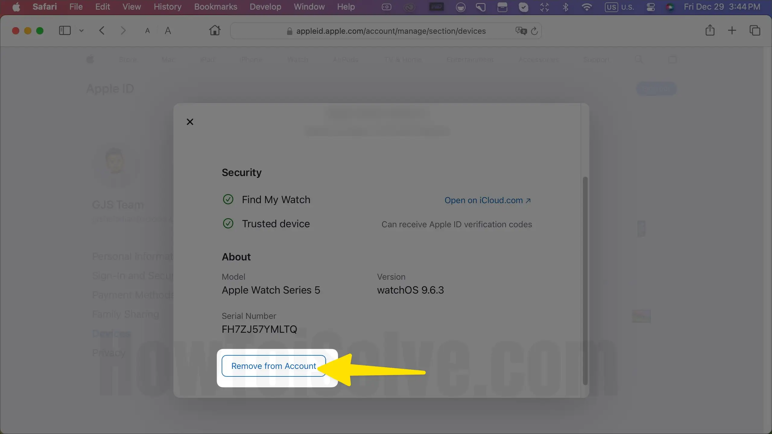 Click on Remove from Account on mac