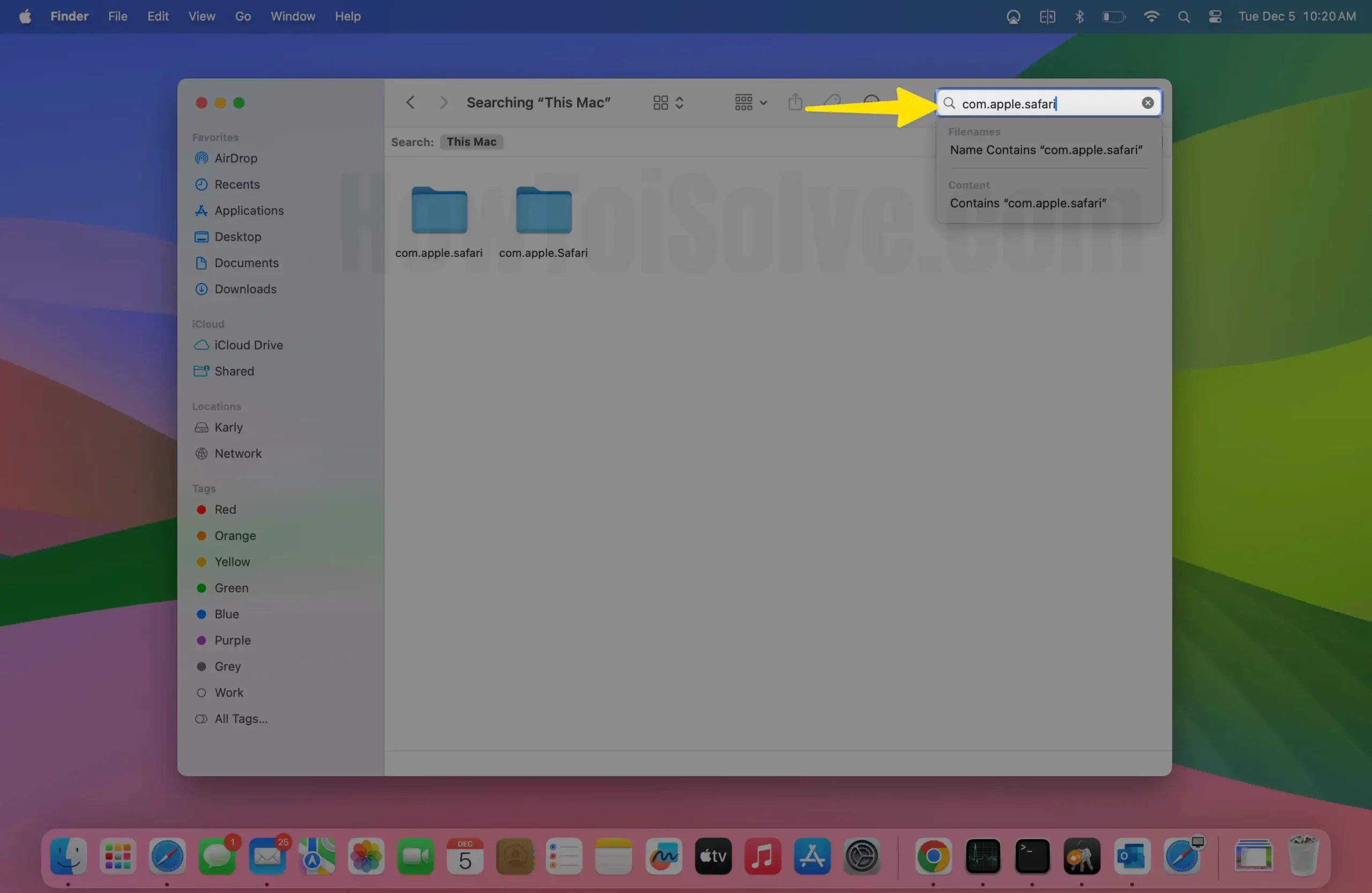 Search for file com.apple.safari on Mac