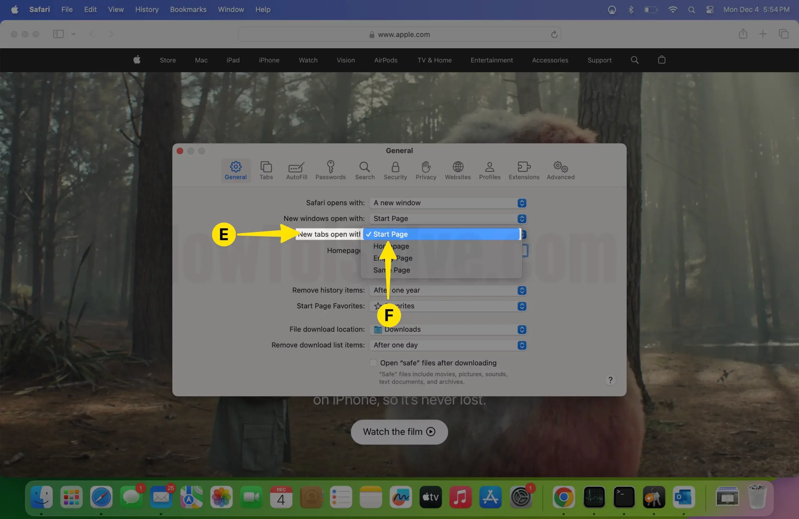 Tap New Tabs Open with Select Start Page on Mac