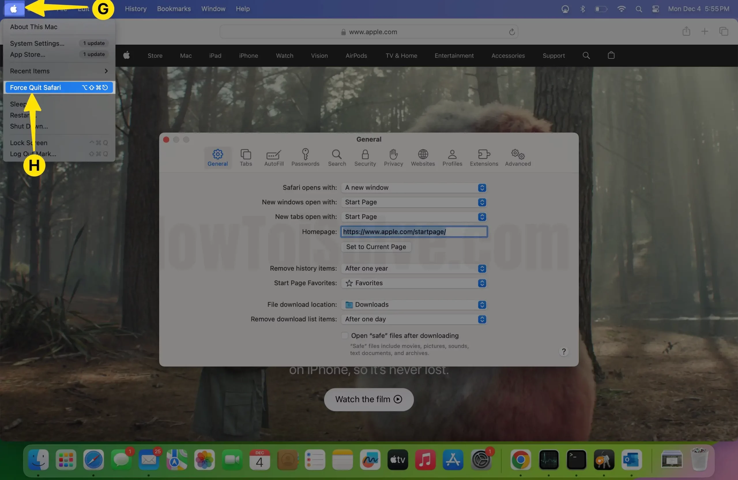 Open Apple Menu Select Force Quit Safari on Mac