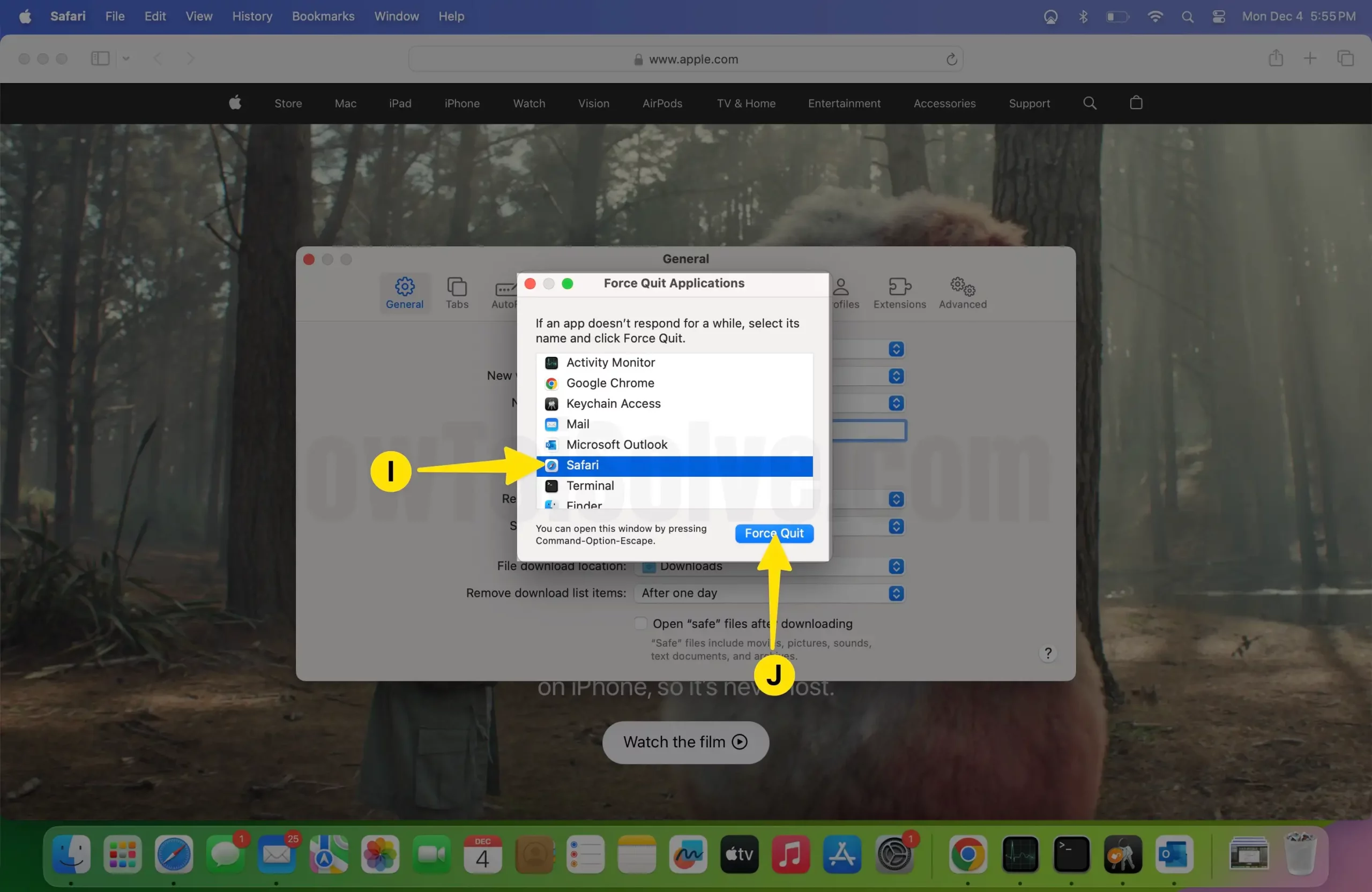 Select Safari Tap Force Quit on Mac